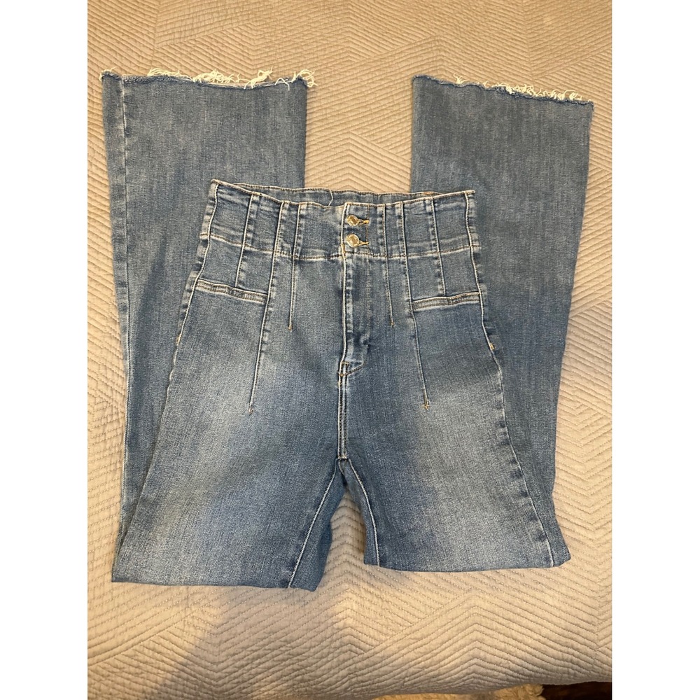We The Free People High Rise Flare Jeans Medium Wash Raw Hem Size 27